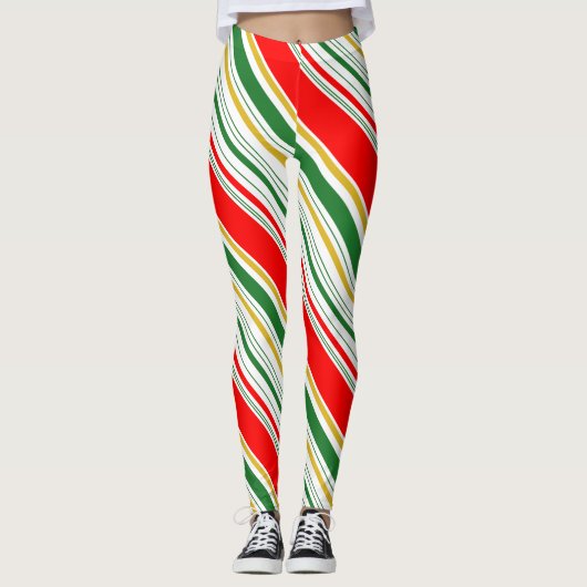 Gestreepte rode, groene kerst leggings (Voorkant)