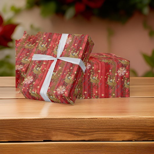 Gestreepte rode sneeuwvlokken vliegend rendier cadeaupapier