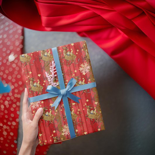 Gestreepte rode sneeuwvlokken vliegend rendier cadeaupapier