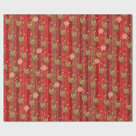 Gestreepte rode sneeuwvlokken vliegend rendier cadeaupapier (Vlak)
