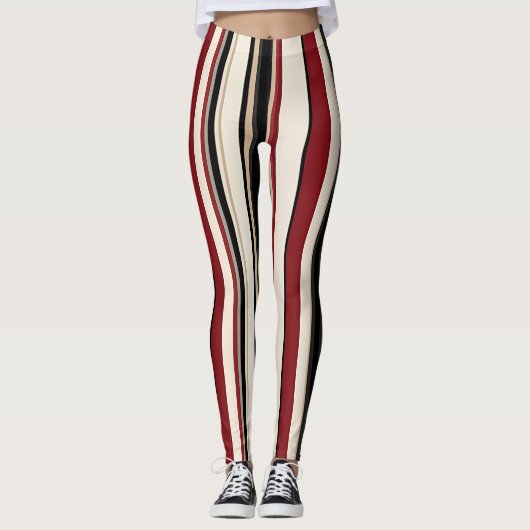 Gestreepte Rode, Zwarte en Crème Leggings (Voorkant)