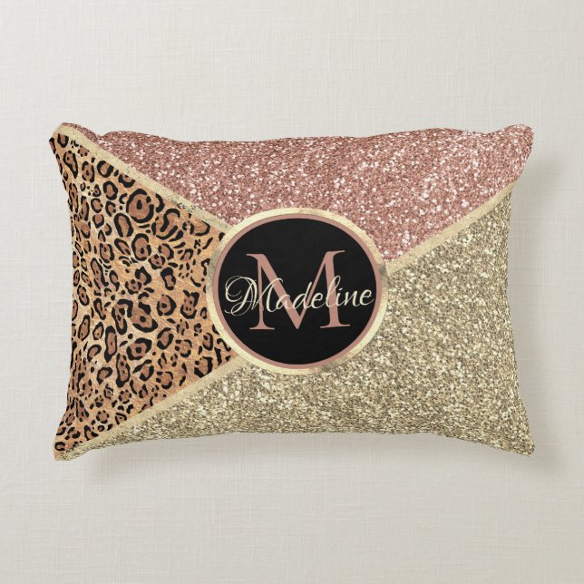 Gestreepte Roos Gold Glitter Leopard Monogram Accent Kussen (Voorkant)