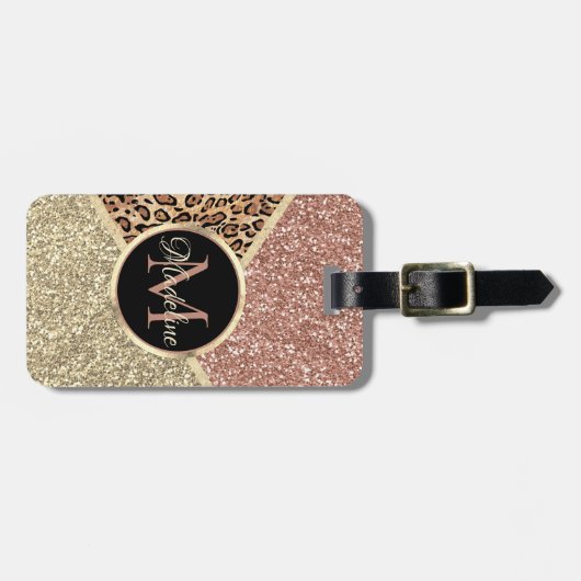 Gestreepte Roos Gold Glitter Leopard Monogram Bagagelabel (Voorkant horizontaal)