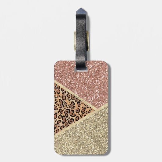 Gestreepte Roos Gold Glitter Leopard Monogram Bagagelabel (Achterkant verticaal)