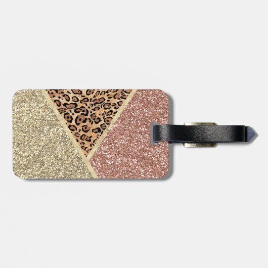 Gestreepte Roos Gold Glitter Leopard Monogram Bagagelabel (Achterkant horizontaal)
