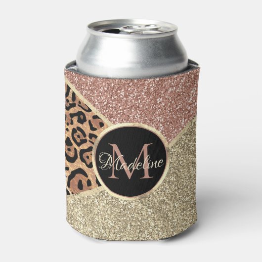 Gestreepte Roos Gold Glitter Leopard Monogram Blikjeskoeler (Blikje Voorkant)