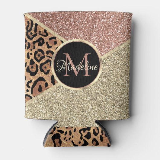 Gestreepte Roos Gold Glitter Leopard Monogram Blikjeskoeler (Voorkant)