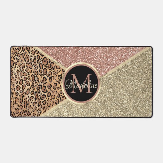 Gestreepte Roos Gold Glitter Leopard Monogram Bureaumat (Voorkant)