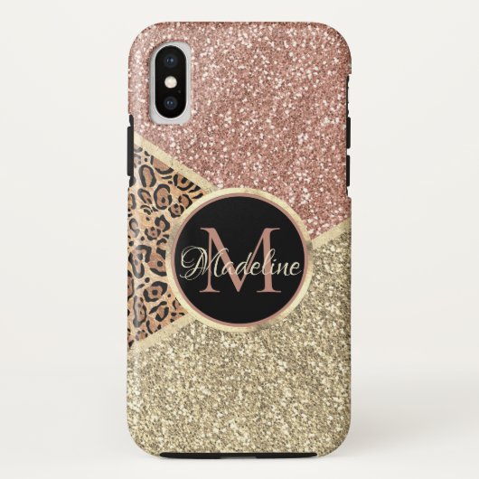 Gestreepte Roos Gold Glitter Leopard Monogram Case-Mate iPhone Case (Achterkant)