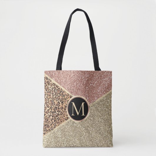 Gestreepte Roos Gold Glitter Leopard Monogram Tote Bag (Voorkant)