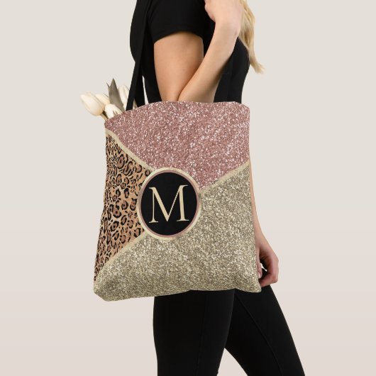 Gestreepte Roos Gold Glitter Leopard Monogram Tote Bag (Dichtbij)