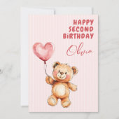 Gestreepte Roze Ballon Teddybeer Gefeliciteerd 2e  Kaart (Voorkant)