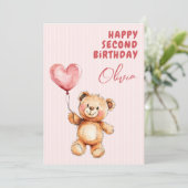 Gestreepte Roze Ballon Teddybeer Gefeliciteerd 2e  Kaart (Staand voorkant)