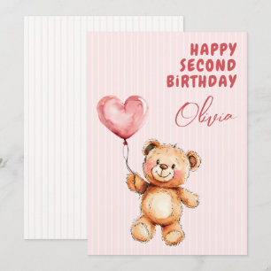 Gestreepte Roze Ballon Teddybeer Gefeliciteerd 2e Kaart