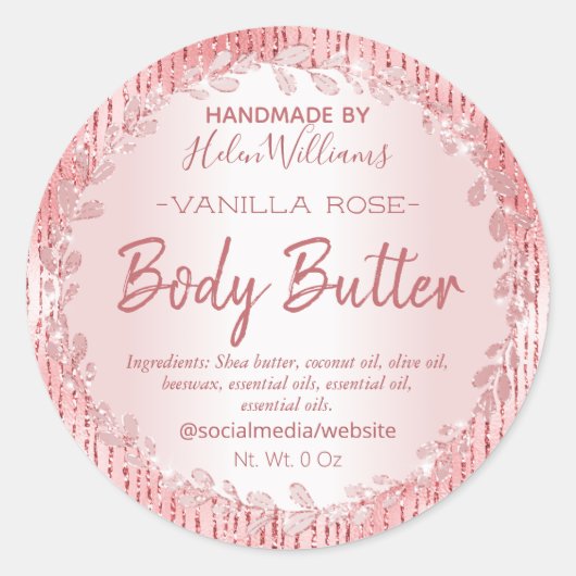 Gestreepte Roze Gouden Bladerige Omlijste Body But Ronde Sticker (Voorkant)