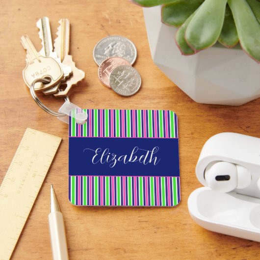 Gestreepte Roze Groen Marineblauw Persoonlijk Sleutelhanger (Bureau)