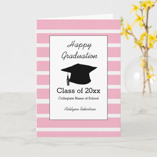 Gestreepte roze klasse van 2025 Afstuderen Kaart (Gele Bloem)