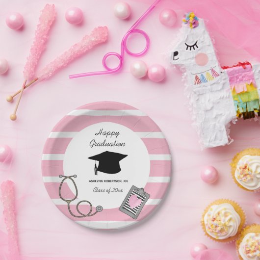 Gestreepte roze papier voor Afstuderen op school Papieren Bordje (Feest)