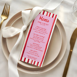 Gestreepte Roze & Rode Handgeschreven Huwelijk Menu
