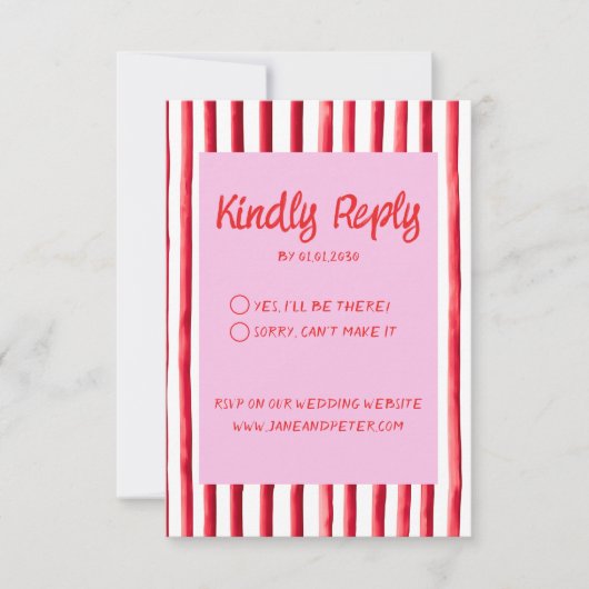 Gestreepte Roze & Rode Handgeschreven Huwelijk RSVP Kaartje (Voorkant)