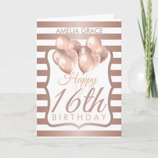 Gestreepte Rozen gouden ballonnen 16e verjaardag K Kaart (Voorkant)