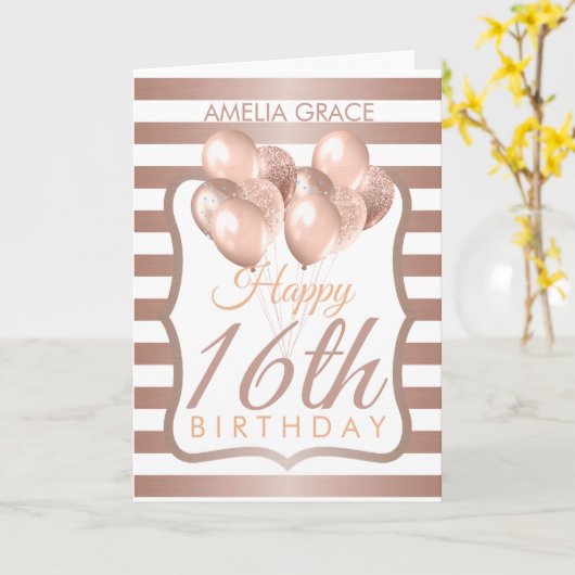 Gestreepte Rozen gouden ballonnen 16e verjaardag K Kaart (Gele Bloem)