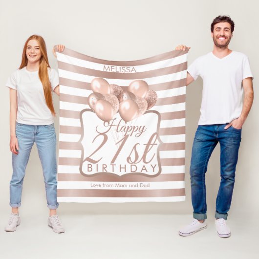 Gestreepte Rozen gouden ballonnen 21e verjaardag Fleece Deken (In situ)