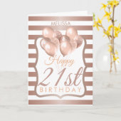 Gestreepte Rozen gouden ballonnen 21e verjaardag Kaart (Gele Bloem)