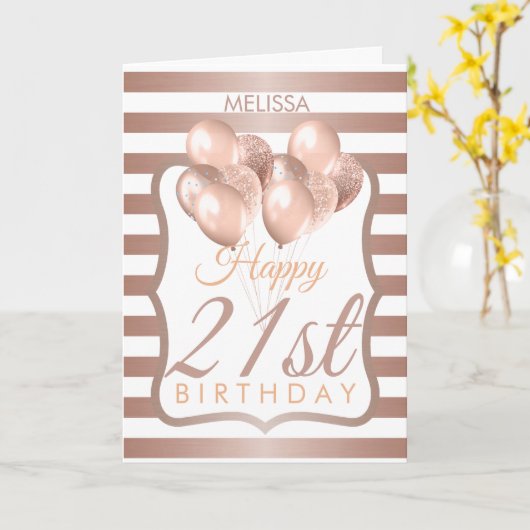 Gestreepte Rozen gouden ballonnen 21e verjaardag Kaart (Gele Bloem)