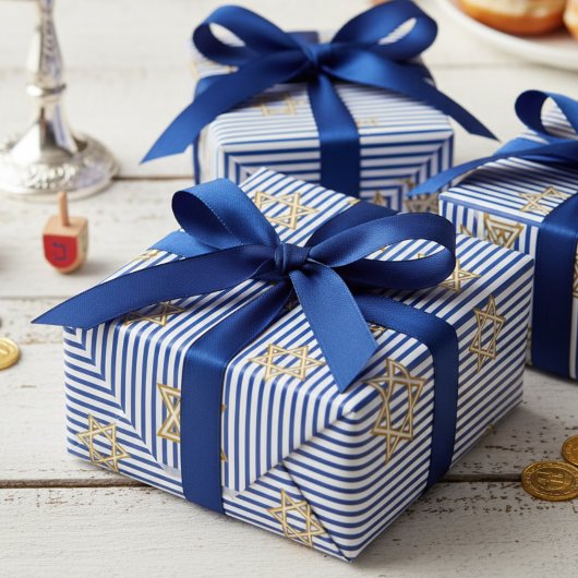 Gestreepte saffierblauwe joodse gouden davidster cadeaupapier