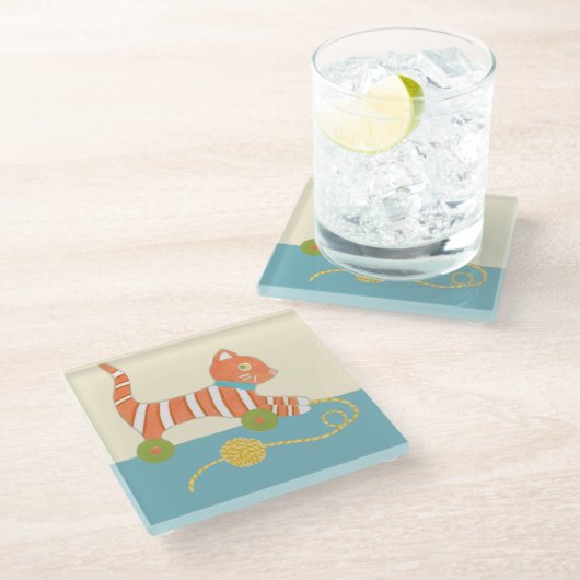 Gestreepte Speelgoed Kat met Kok van Koord Glazen Onderzetter (Schuin)