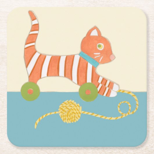Gestreepte Speelgoed Kat met Kok van Koord Kartonnen Onderzetters (Voorkant)