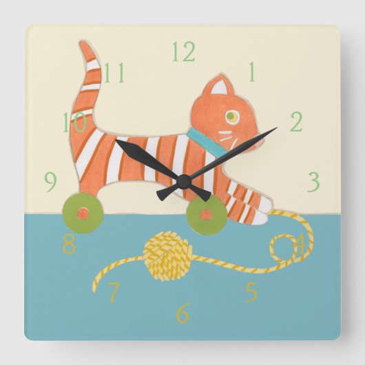 Gestreepte Speelgoed Kat met Kok van Koord Vierkante Klok (Voorkant)