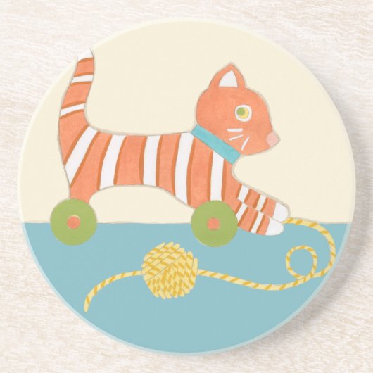 Gestreepte Speelgoed Kat met Kok van Koord Zandsteen Onderzetter (Voorkant)