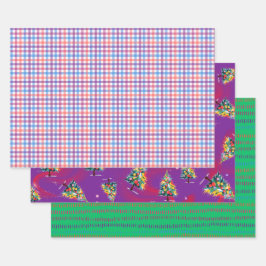 Gestreepte stof, Kerstbomen, & Groene Streepsel, 3 Inpakpapier Vel