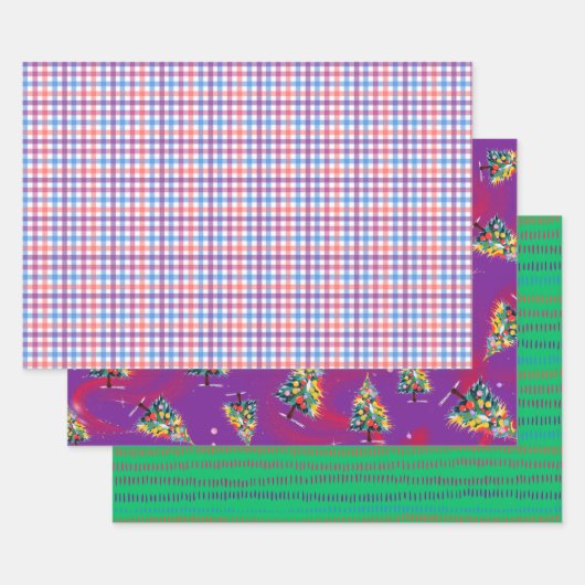 Gestreepte stof, Kerstbomen, & Groene Streepsel, 3 Inpakpapier Vel (Set)