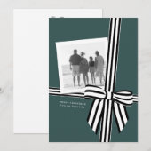 Gestreepte strik plat kerstfoto kaart groen (Voorkant / Achterkant)