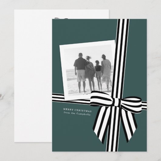 Gestreepte strik plat kerstfoto kaart groen (Voorkant / Achterkant)