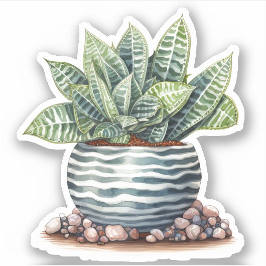 Gestreepte succulent in keramische pot vinyl Stick Sticker (Voorkant)