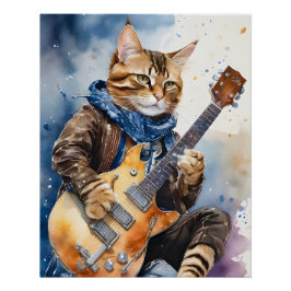 Gestreepte Tabby Cat Rock Star Gitaar Bruin spelen Perfect Poster