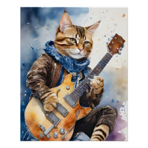 Gestreepte Tabby Cat Rock Star Gitaar Bruin spelen Perfect Poster