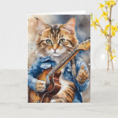 Gestreepte Tabby Cat Rock Star Gitaar spelen Kaart (Gele Bloem)