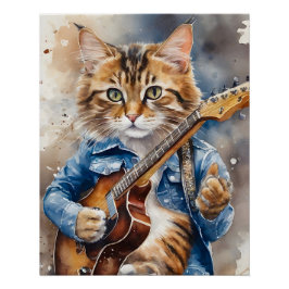 Gestreepte Tabby Cat Rock Star Gitaar spelen Perfect Poster
