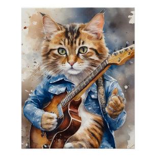 Gestreepte Tabby Cat Rock Star Gitaar spelen Perfect Poster