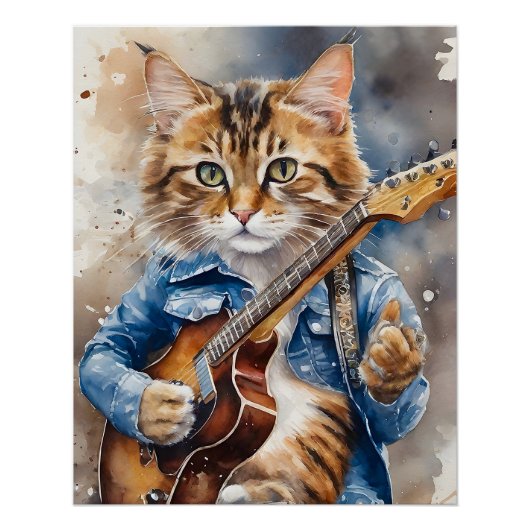 Gestreepte Tabby Cat Rock Star Gitaar spelen Perfect Poster (Voorkant)