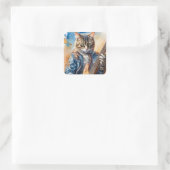 Gestreepte Tabby Cat Rock Star Gitaar spelen Vierkante Sticker (Tas)