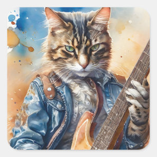 Gestreepte Tabby Cat Rock Star Gitaar spelen Vierkante Sticker