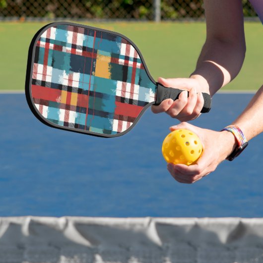 Gestreepte Teal Rood Geel Wit Pickleball Paddle (Insitu)