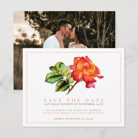 Gestreepte thee roos waterverf oranje trouwfoto save the date (Voorkant / Achterkant)