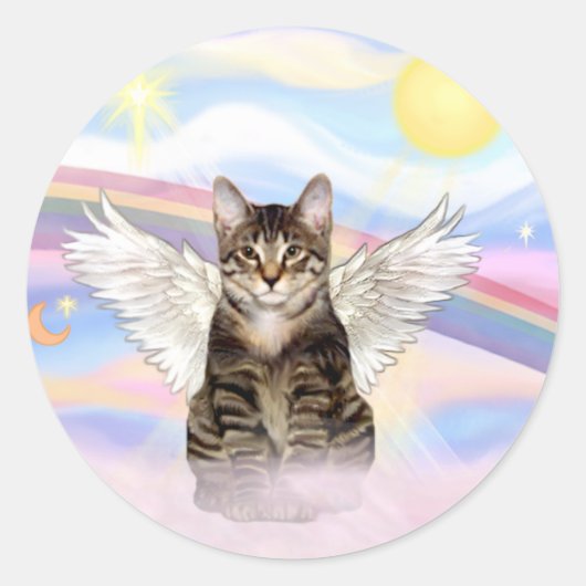Gestreepte Tijgerkat Engel in Wolken Ronde Sticker (Voorkant)